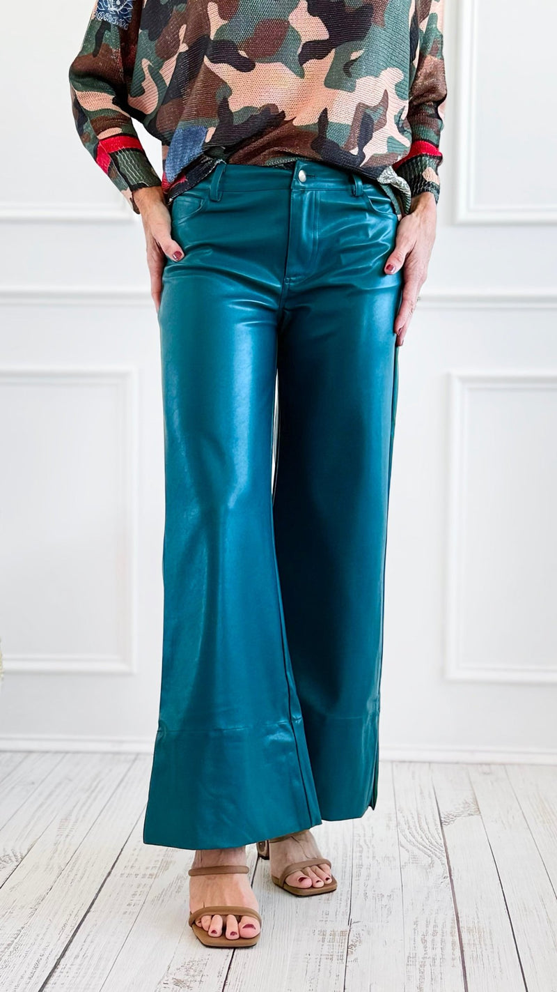 Holiday Luxe Faux Leather Flare Leg Pants - Hunter-100 Pants-SO ME-Coastal Bloom Boutique, find the trendiest versions of the popular styles and looks Located in Indialantic, FL