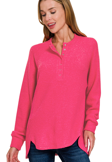 Whispers of Ease Henley Sweater - Hot Pink-140 Sweaters-Zenana-Coastal Bloom Boutique, find the trendiest versions of the popular styles and looks Located in Indialantic, FL