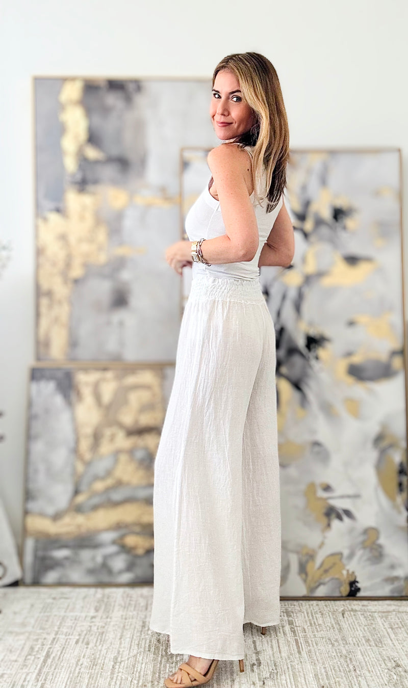 Born Free Linen Italian Palazzo - White-170 Bottoms-Italianissimo-Coastal Bloom Boutique, find the trendiest versions of the popular styles and looks Located in Indialantic, FL