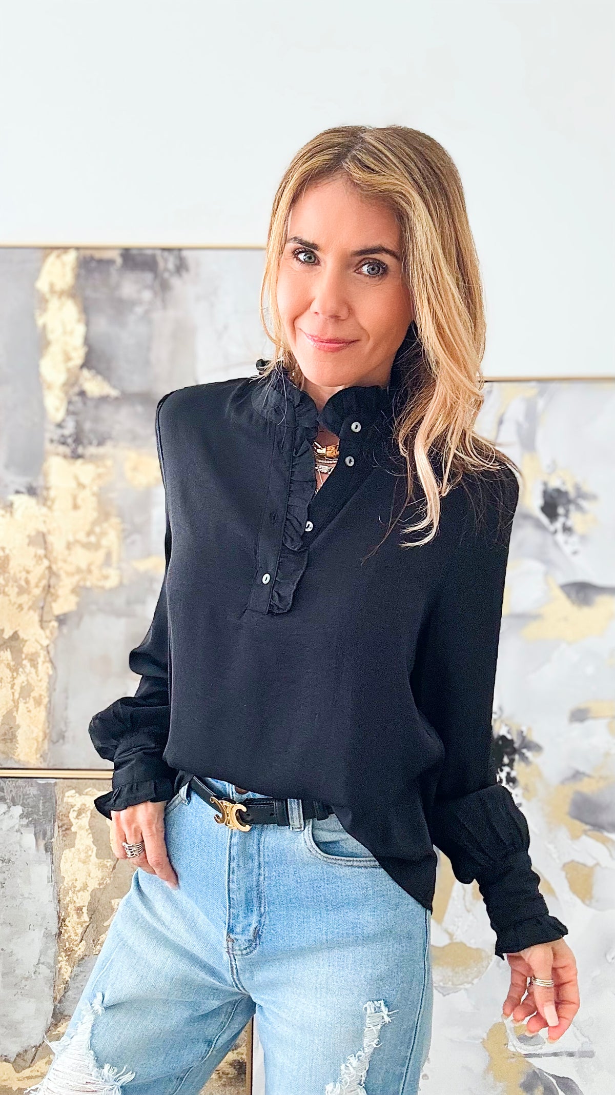 Satin Ruffle Button Down Top - Black-130 Long Sleeve Tops-she+sky-Coastal Bloom Boutique, find the trendiest versions of the popular styles and looks Located in Indialantic, FL