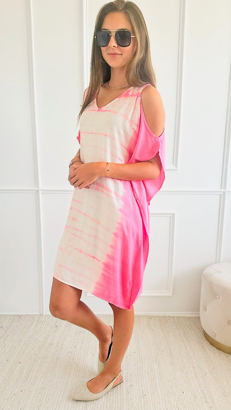 Tie Dye Woven Dress - Pink-110 Short Sleeve Tops-Chatoyant-Coastal Bloom Boutique, find the trendiest versions of the popular styles and looks Located in Indialantic, FL