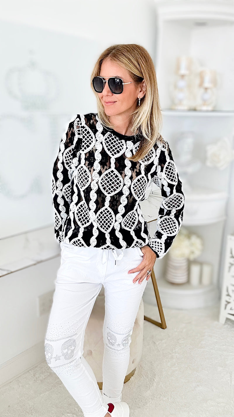 Pirouette Lace Black Sweatshirt-130 Long Sleeve Tops-See and Be Seen-Coastal Bloom Boutique, find the trendiest versions of the popular styles and looks Located in Indialantic, FL