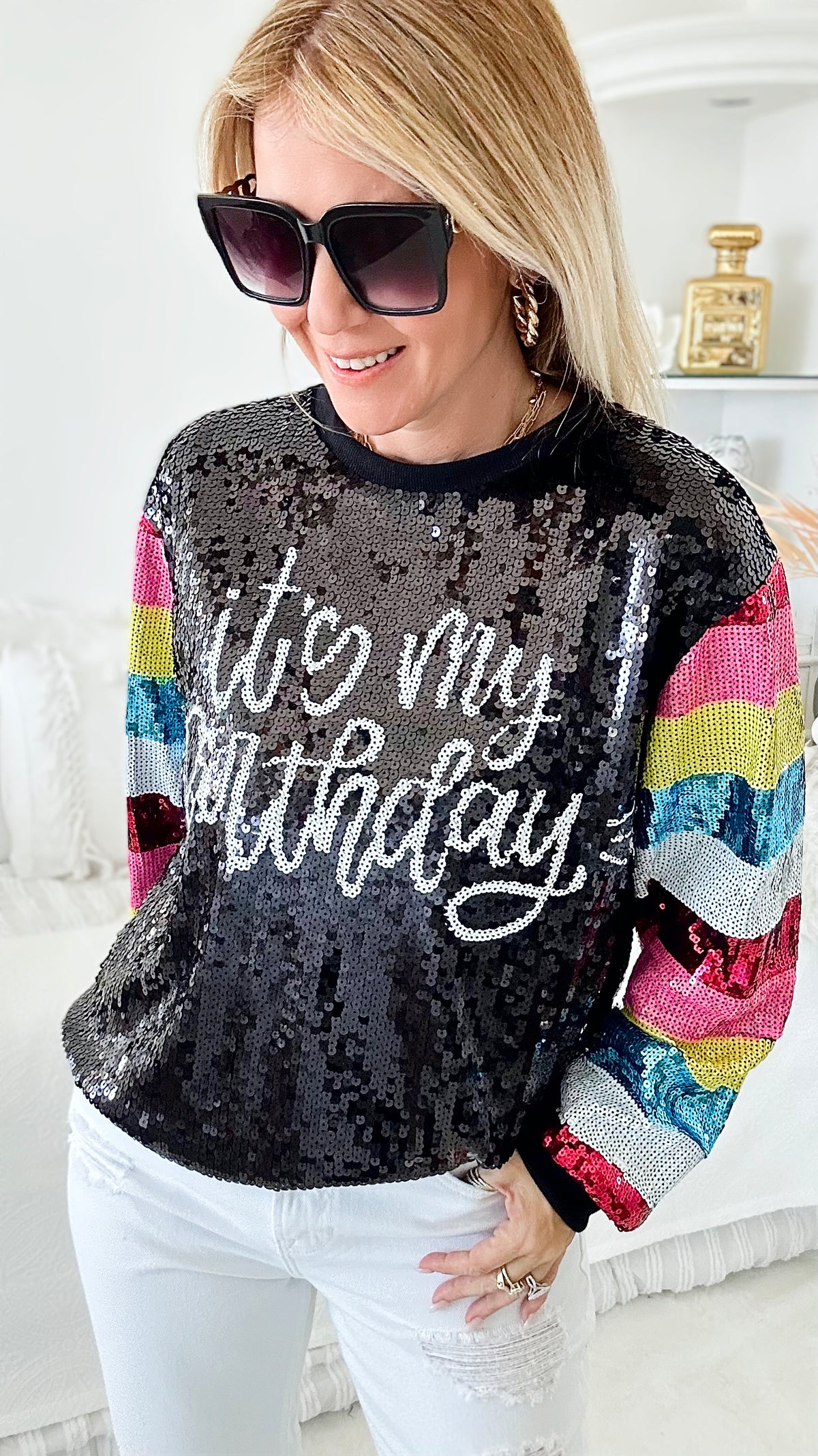 Bday Striped Sequin Top-130 Long Sleeve Tops-Why Dress-Coastal Bloom Boutique, find the trendiest versions of the popular styles and looks Located in Indialantic, FL