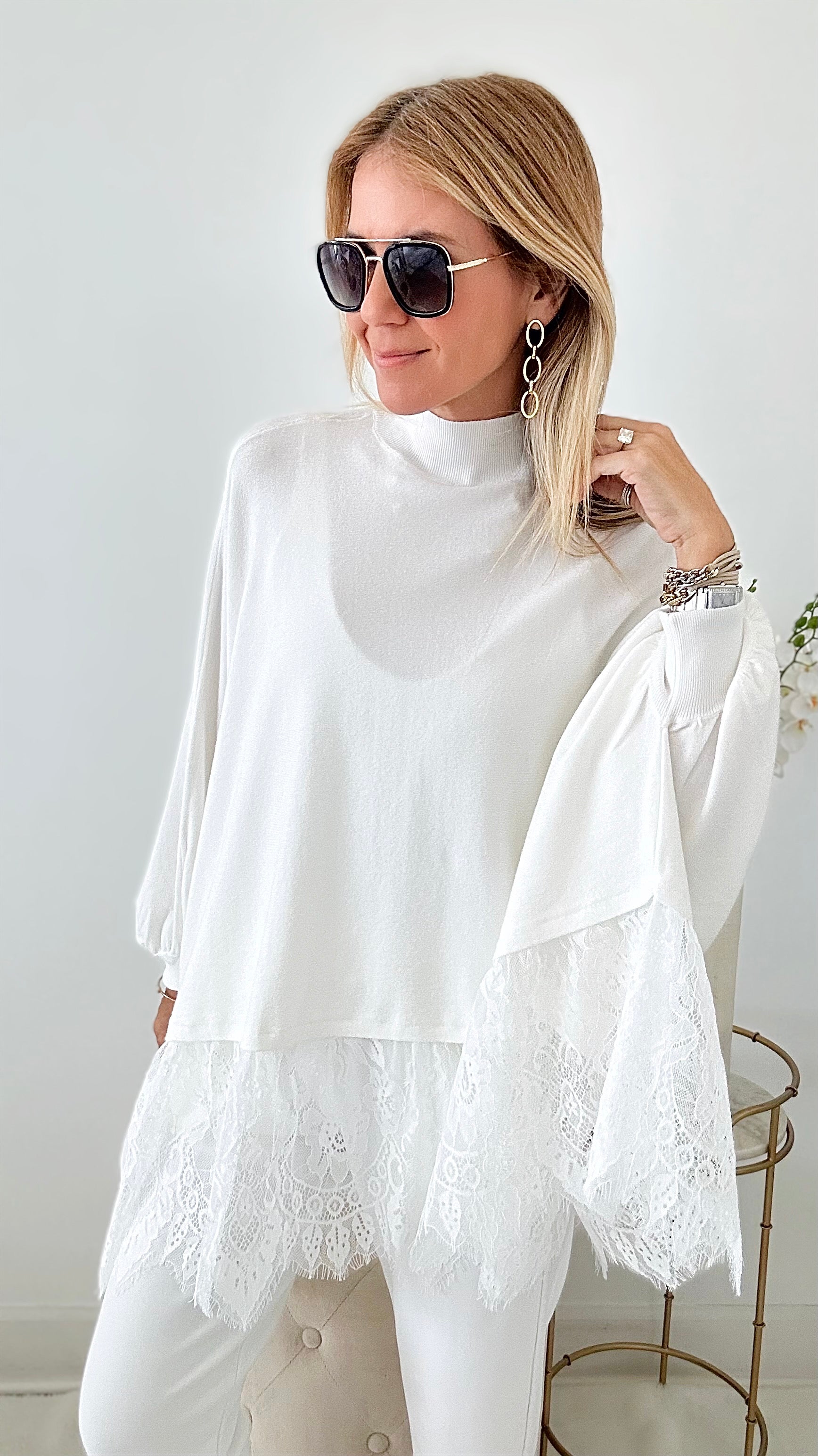 Knit Italian Lace Trim Poncho - White-140 Sweaters-Germany-Coastal Bloom Boutique, find the trendiest versions of the popular styles and looks Located in Indialantic, FL