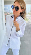 Ruffled Ribbon Collar - White Navy-130 Long Sleeve Tops-Pearly Vine-Coastal Bloom Boutique, find the trendiest versions of the popular styles and looks Located in Indialantic, FL