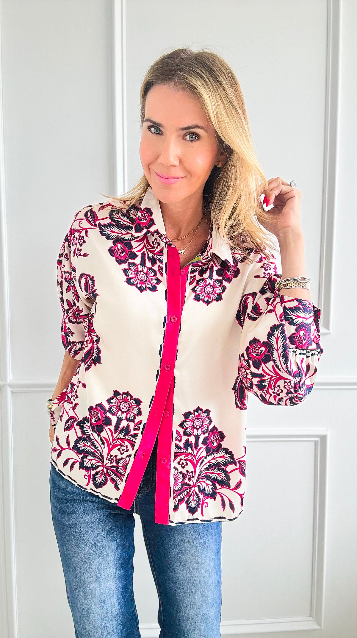 Floral Button Down Shirt Blouse-130 Long Sleeve Tops-Fate By LFD-Coastal Bloom Boutique, find the trendiest versions of the popular styles and looks Located in Indialantic, FL