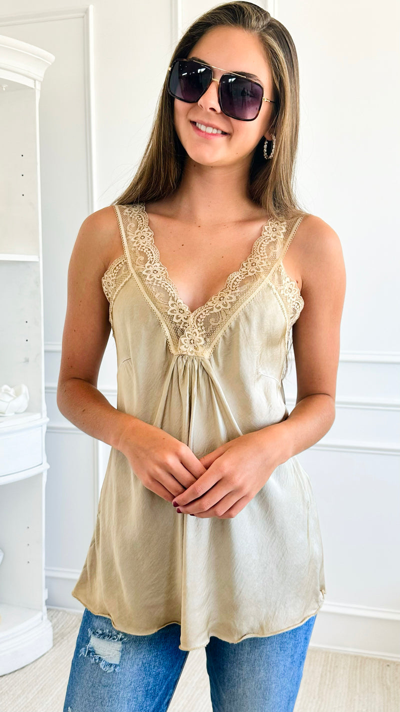 Italian Elegant Lace Trim Cami - Gold-100 Sleeveless Tops-Italianissimo-Coastal Bloom Boutique, find the trendiest versions of the popular styles and looks Located in Indialantic, FL