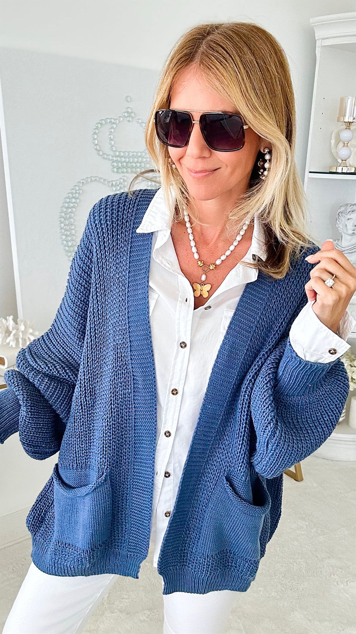 Sugar High Italian Cardigan - Denim Blue-150 Cardigans/Layers-Germany-Coastal Bloom Boutique, find the trendiest versions of the popular styles and looks Located in Indialantic, FL