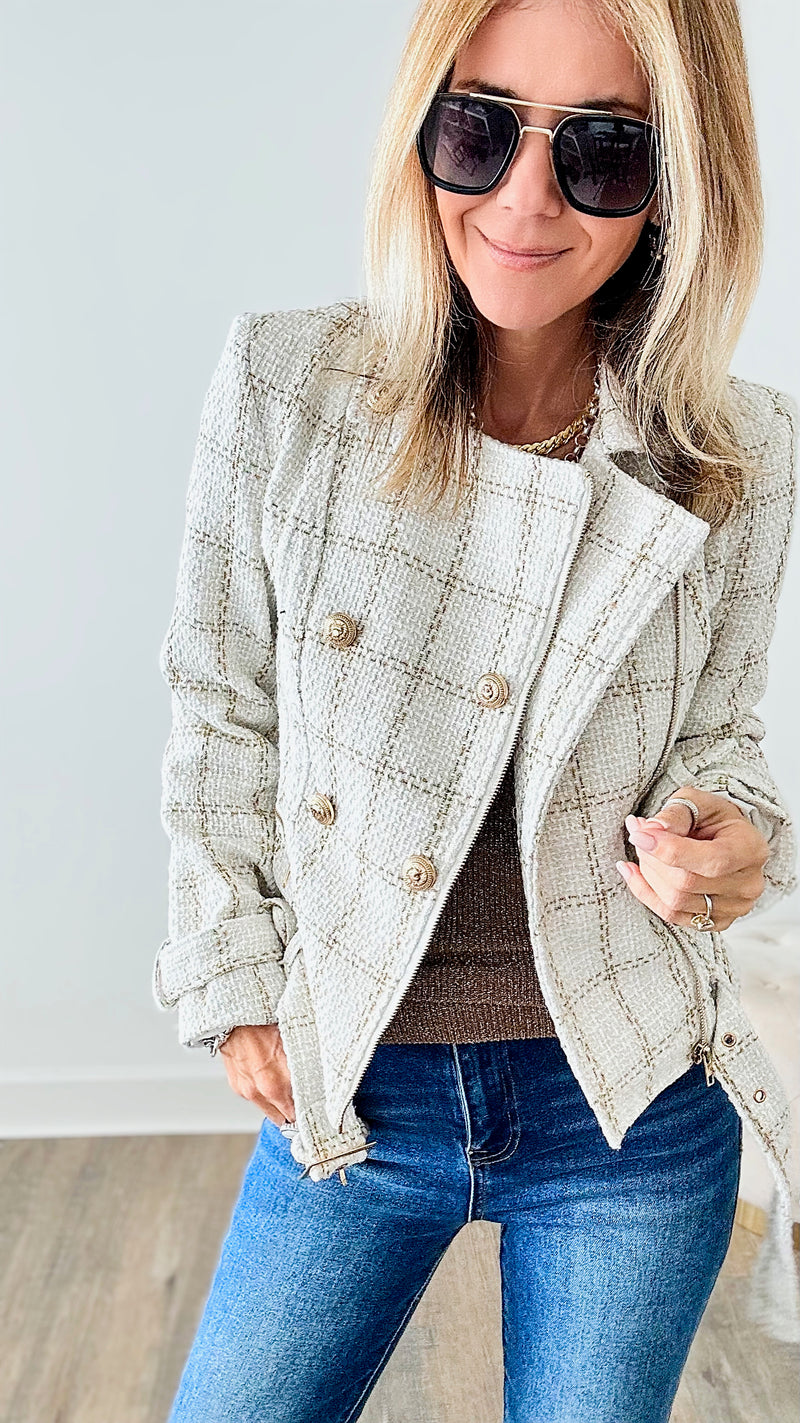 Gold Metallic Plaid Tweed Jacket-160 Jackets-BLITHE-Coastal Bloom Boutique, find the trendiest versions of the popular styles and looks Located in Indialantic, FL