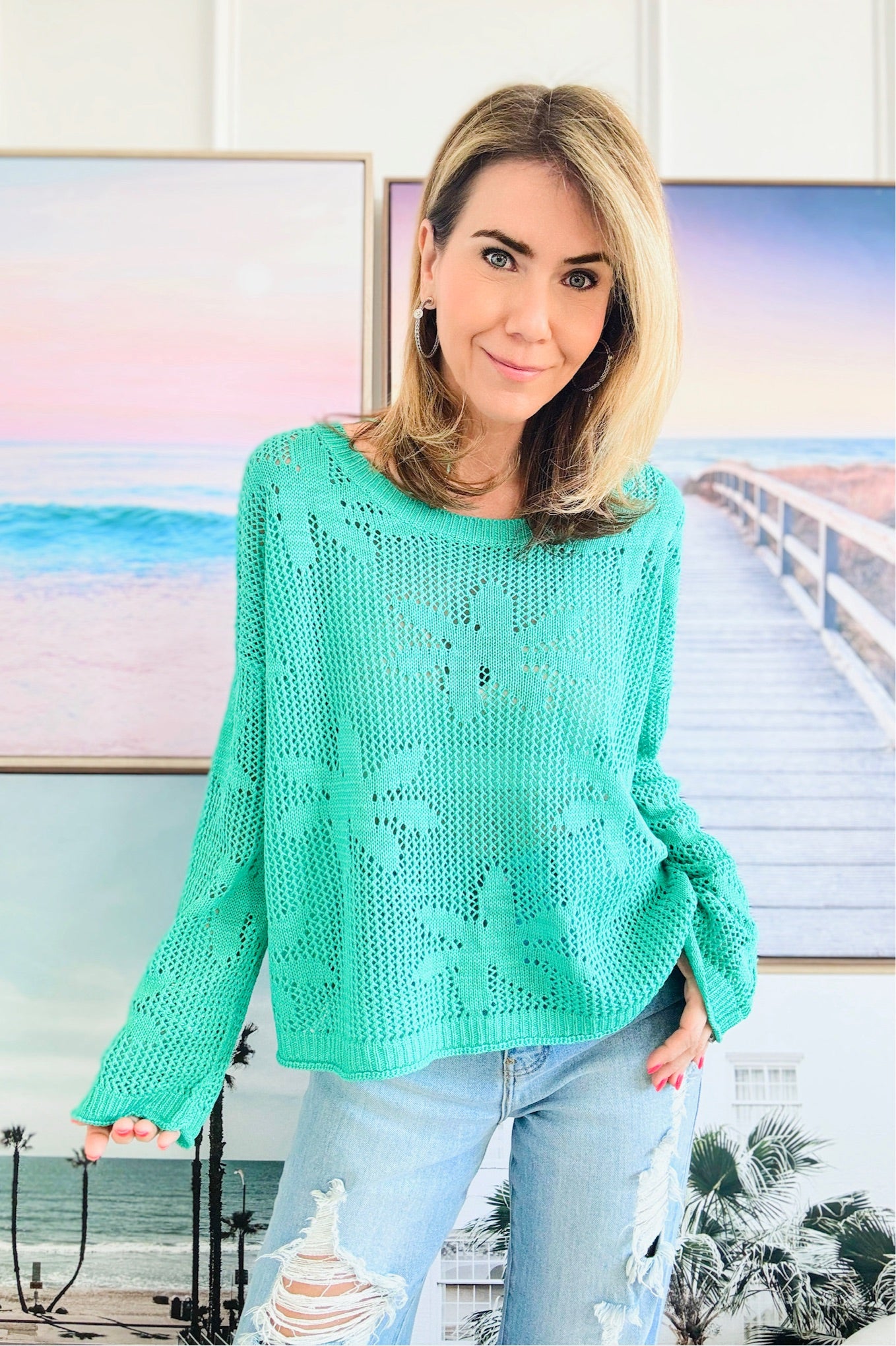 Flower Lightweight Knit Sweater - Green-140 Sweaters-Miracle-Coastal Bloom Boutique, find the trendiest versions of the popular styles and looks Located in Indialantic, FL