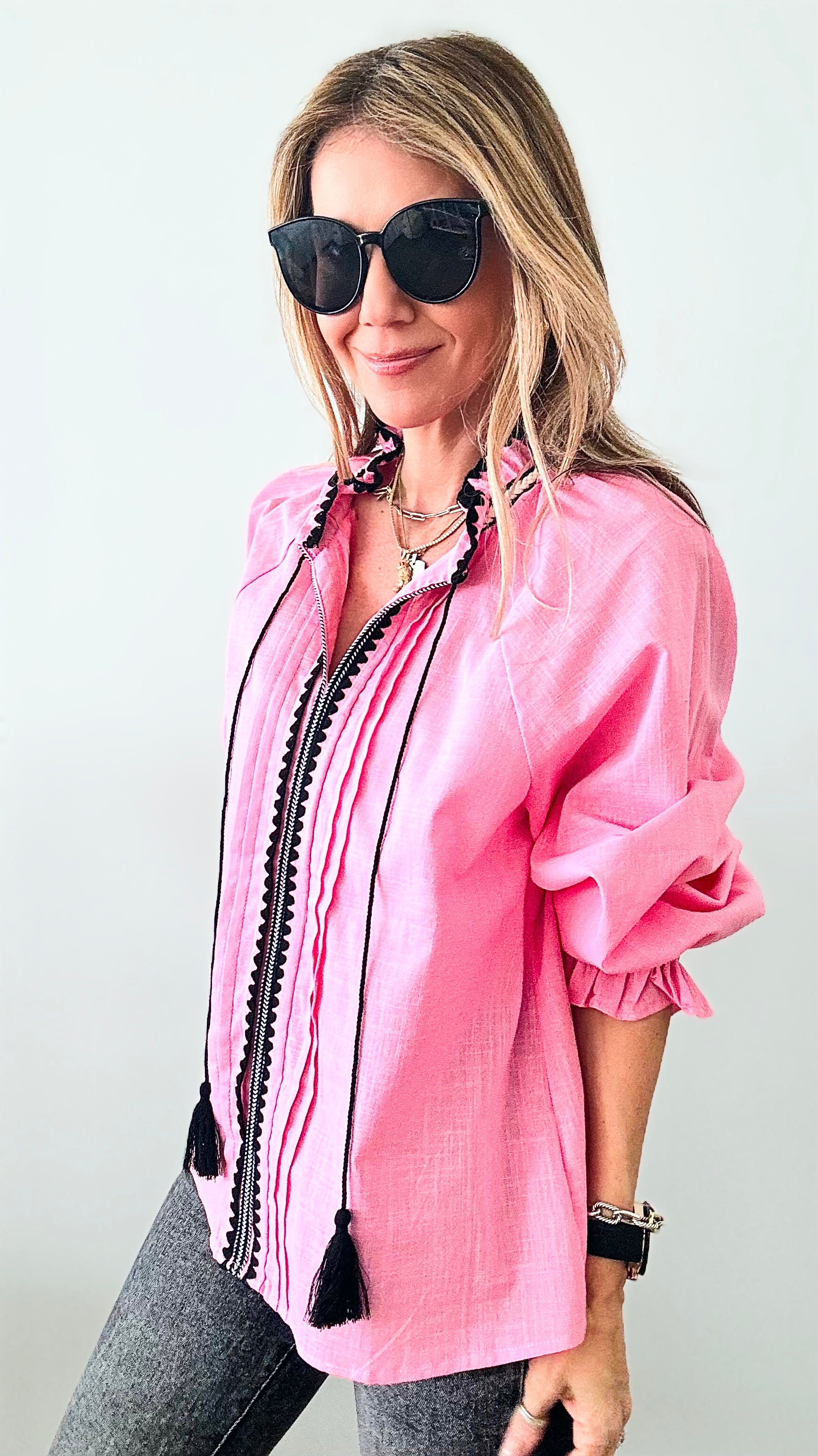 Embroidery Detail Tie Neck Blouse-130 Long Sleeve Tops-Fate By LFD-Coastal Bloom Boutique, find the trendiest versions of the popular styles and looks Located in Indialantic, FL