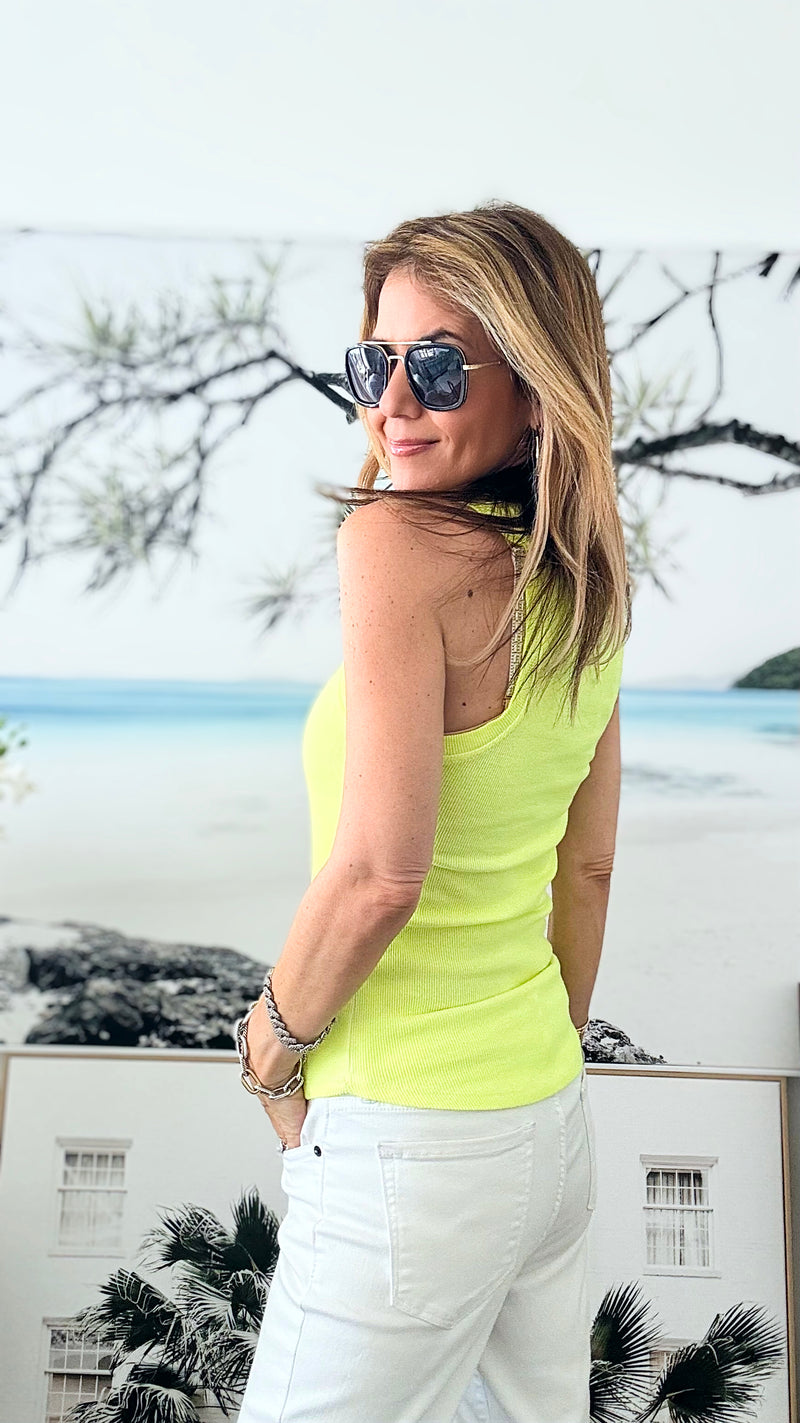Sunburst Glow Italian Tank - Neon Yellow-100 Sleeveless Tops-Italianissimo-Coastal Bloom Boutique, find the trendiest versions of the popular styles and looks Located in Indialantic, FL