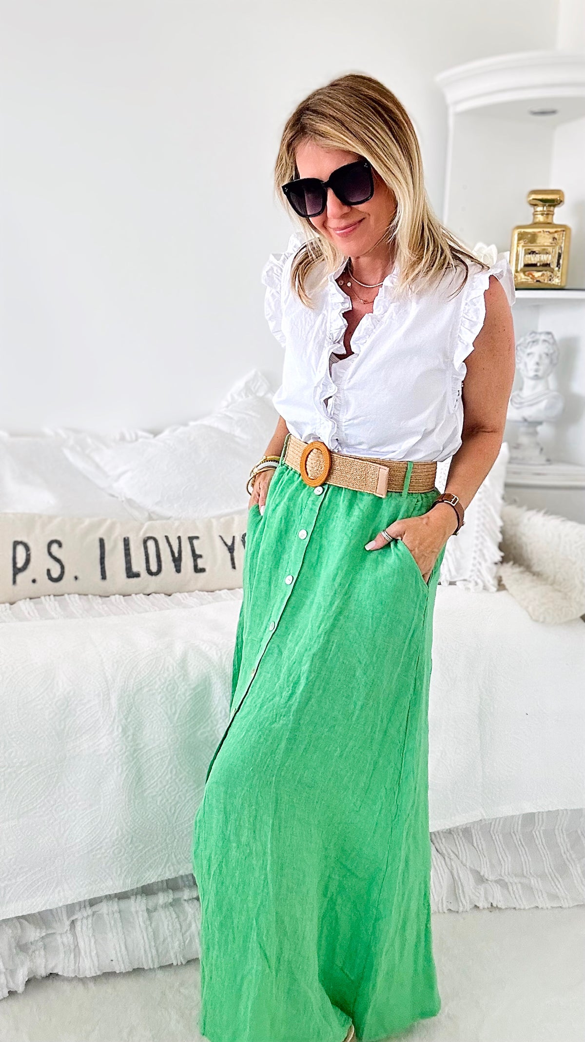 Belted Italian Linen Midi Button Skirt - Green-170 Bottoms-Yolly-Coastal Bloom Boutique, find the trendiest versions of the popular styles and looks Located in Indialantic, FL