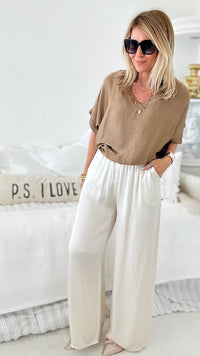 Angora Italian Satin Pant - Ecru-170 Bottoms-Italianissimo-Coastal Bloom Boutique, find the trendiest versions of the popular styles and looks Located in Indialantic, FL