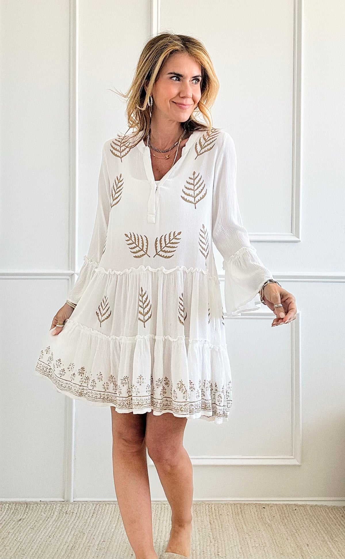 Leaves Print Open Collar Tunic Dress-200 Dresses/Jumpsuits/Rompers-Fashion Fuse-Coastal Bloom Boutique, find the trendiest versions of the popular styles and looks Located in Indialantic, FL