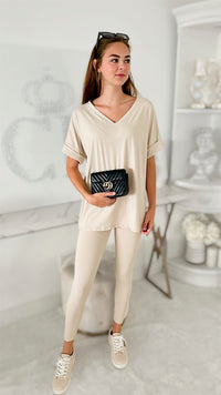 Short Sleeve Brushed Microfiber Lounge Set- Sand Beige-210 Loungewear/Sets-Zenana-Coastal Bloom Boutique, find the trendiest versions of the popular styles and looks Located in Indialantic, FL