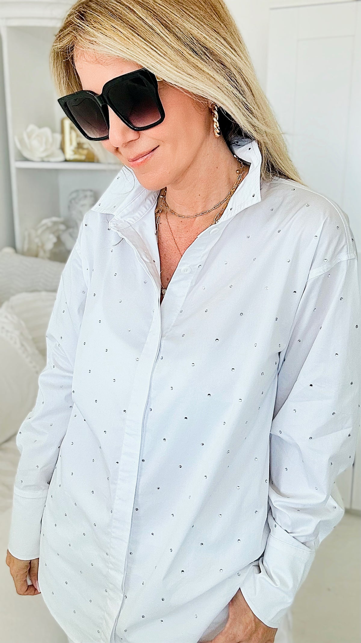 Poplin Cotton Studded Button Up- White-130 Long Sleeve Tops-BLUE B-Coastal Bloom Boutique, find the trendiest versions of the popular styles and looks Located in Indialantic, FL