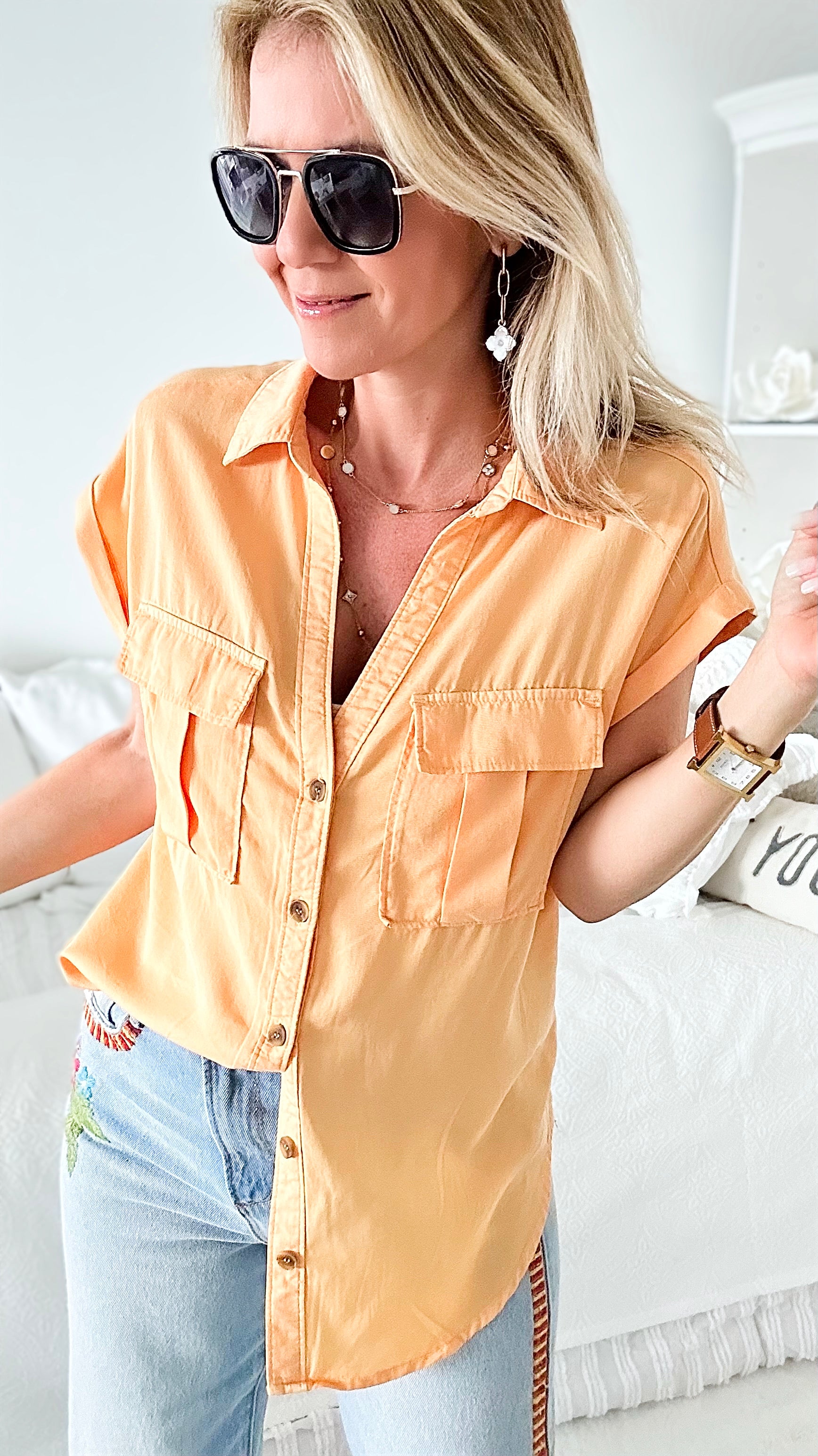 Mattawa Button Front Top - Mango Sorbet-110 Short Sleeve Tops-Love Tree Fashion-Coastal Bloom Boutique, find the trendiest versions of the popular styles and looks Located in Indialantic, FL
