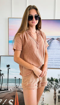 Washed Cotton Crinkle Gauze Top & Shorts Set-110 Short Sleeve Tops-Very J-Coastal Bloom Boutique, find the trendiest versions of the popular styles and looks Located in Indialantic, FL