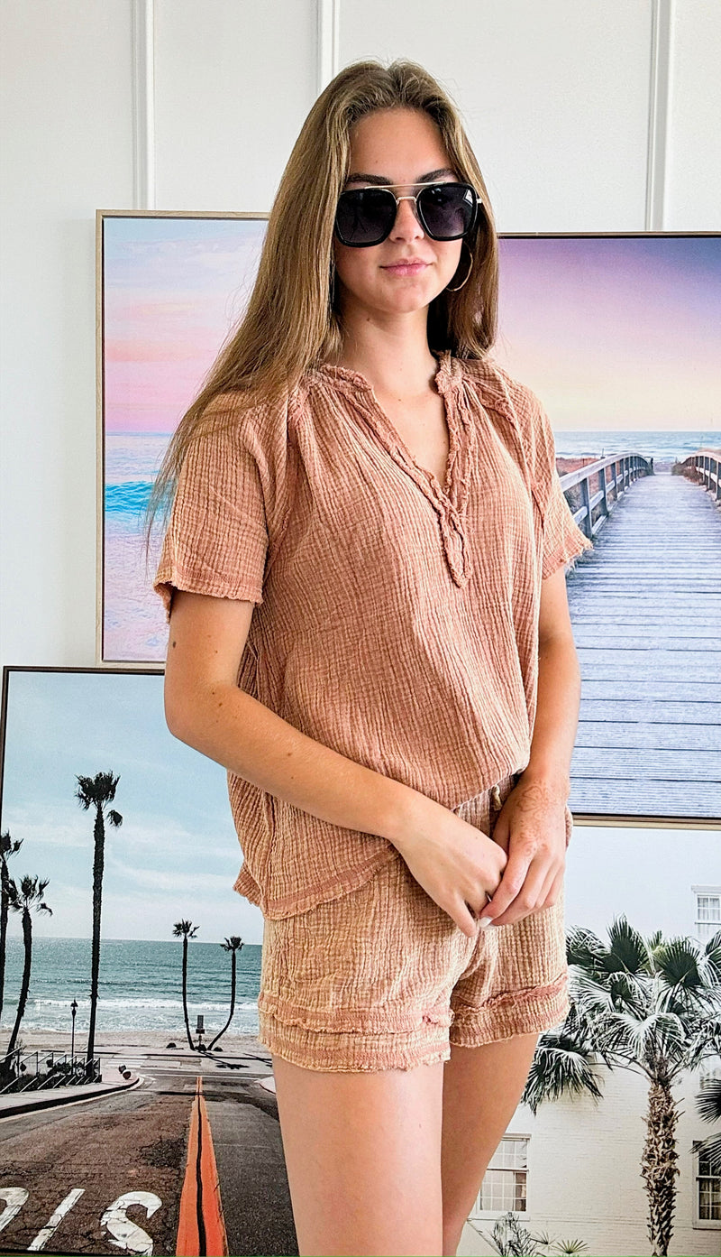 Washed Cotton Crinkle Gauze Top & Shorts Set-110 Short Sleeve Tops-Very J-Coastal Bloom Boutique, find the trendiest versions of the popular styles and looks Located in Indialantic, FL