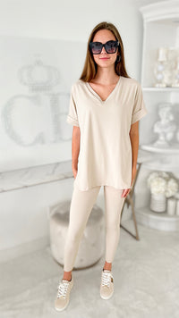 Short Sleeve Brushed Microfiber Lounge Set- Sand Beige-210 Loungewear/Sets-Zenana-Coastal Bloom Boutique, find the trendiest versions of the popular styles and looks Located in Indialantic, FL