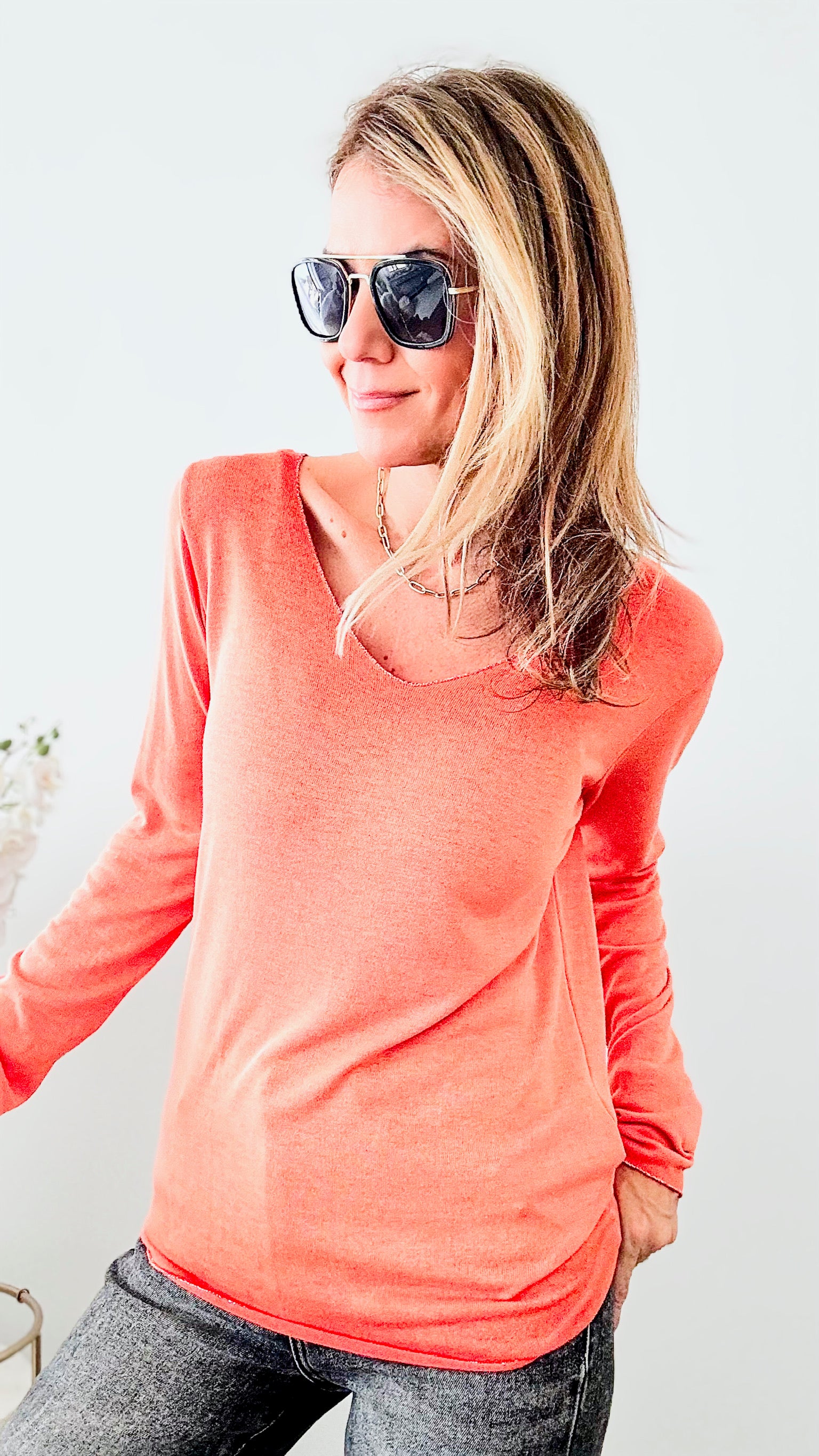 Recoleta Lurex Trim Italian Top- Orange-130 Long Sleeve Tops-Italianissimo-Coastal Bloom Boutique, find the trendiest versions of the popular styles and looks Located in Indialantic, FL