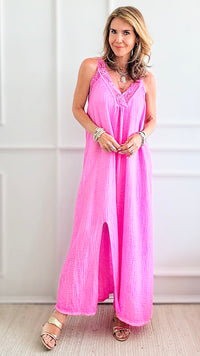 Elegant Italian Lace & Crinkle Dress - Fuchsia-200 Dresses/Jumpsuits/Rompers-Germany-Coastal Bloom Boutique, find the trendiest versions of the popular styles and looks Located in Indialantic, FL