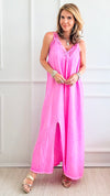 Elegant Italian Lace & Crinkle Dress - Fuchsia-200 Dresses/Jumpsuits/Rompers-Italianissimo-Coastal Bloom Boutique, find the trendiest versions of the popular styles and looks Located in Indialantic, FL