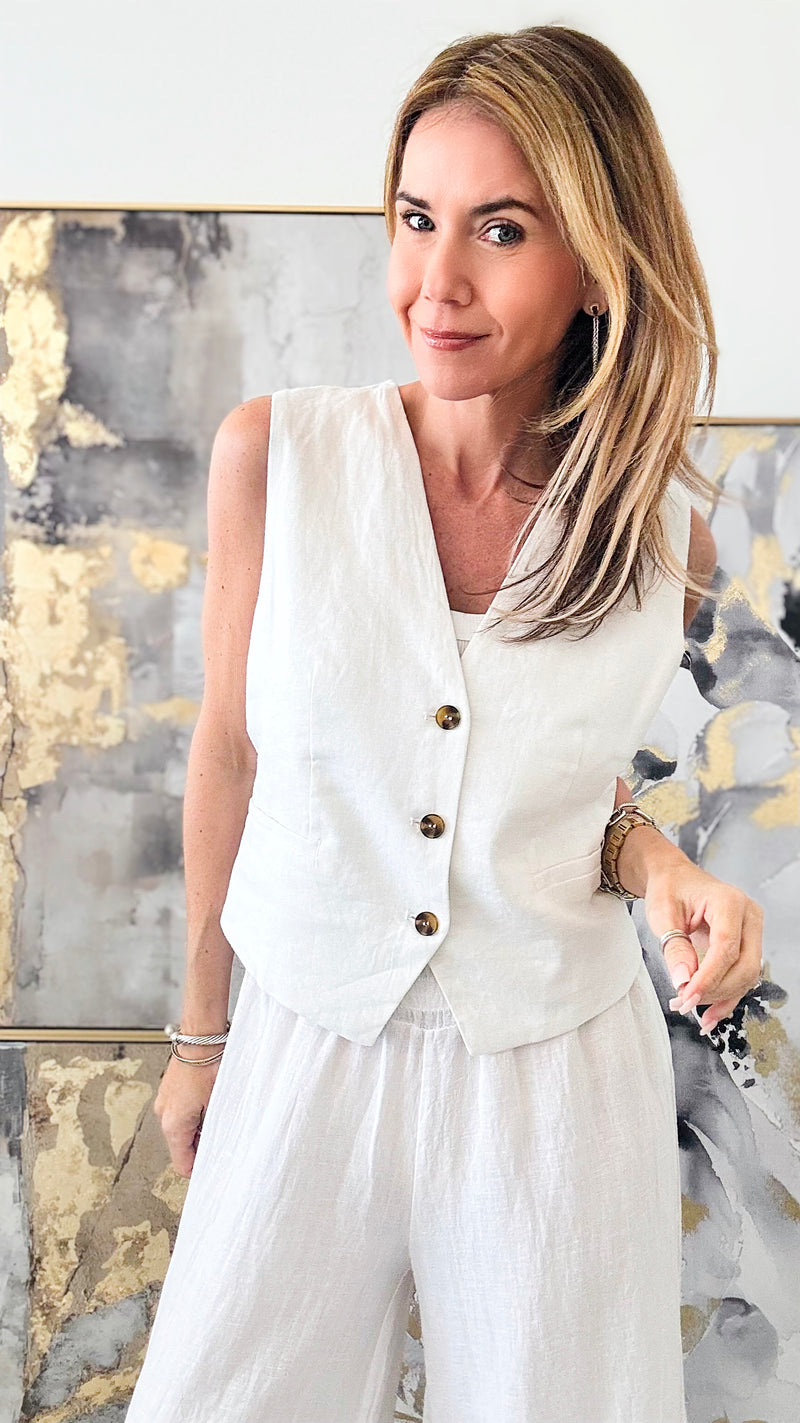 Linen Button Down Vest Top - White-160 Jackets-LOVE TREE-Coastal Bloom Boutique, find the trendiest versions of the popular styles and looks Located in Indialantic, FL