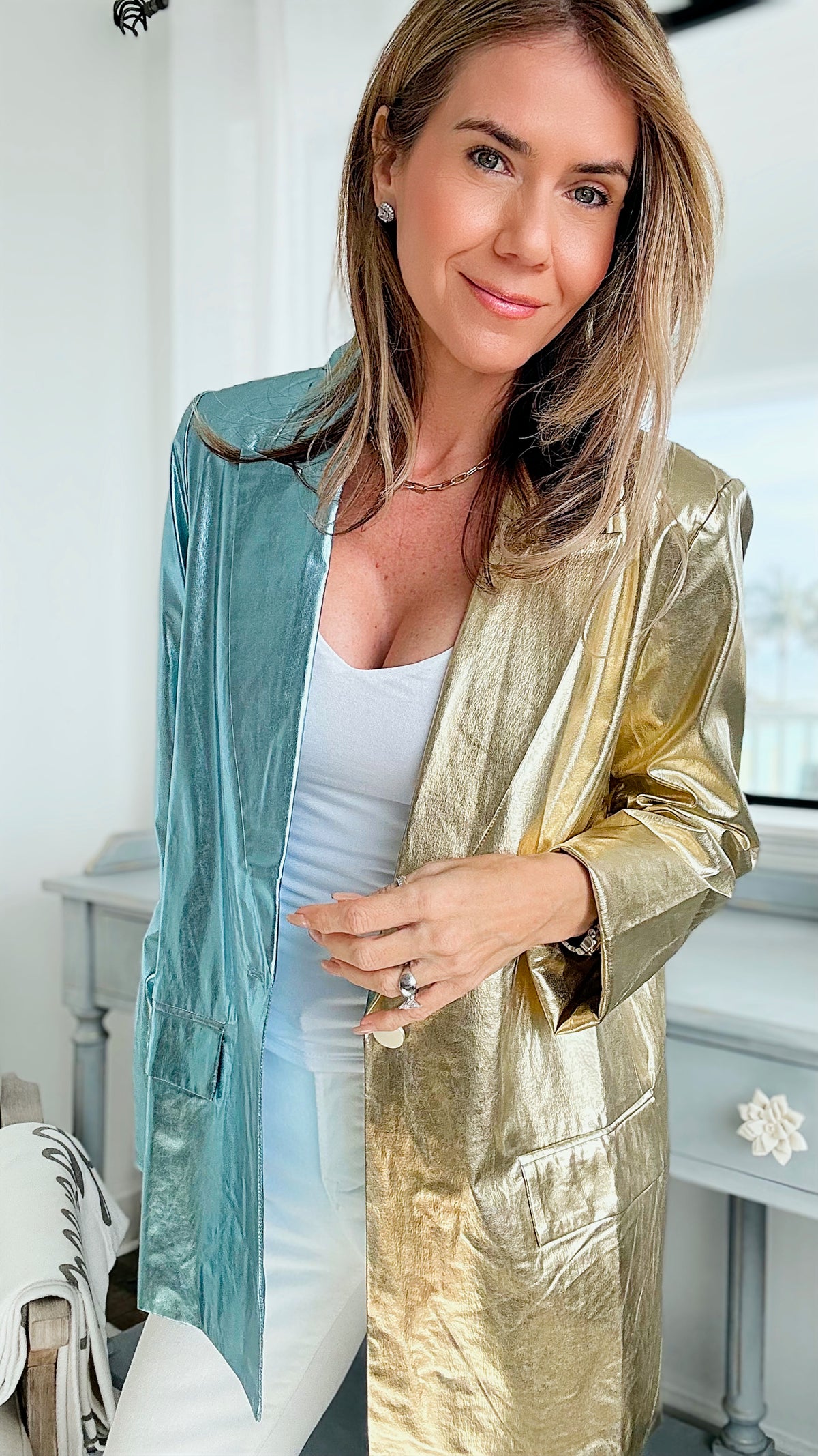 Colorblock Pleather Jacket - Blue/Gold-160 Jackets-Rousseau-Coastal Bloom Boutique, find the trendiest versions of the popular styles and looks Located in Indialantic, FL
