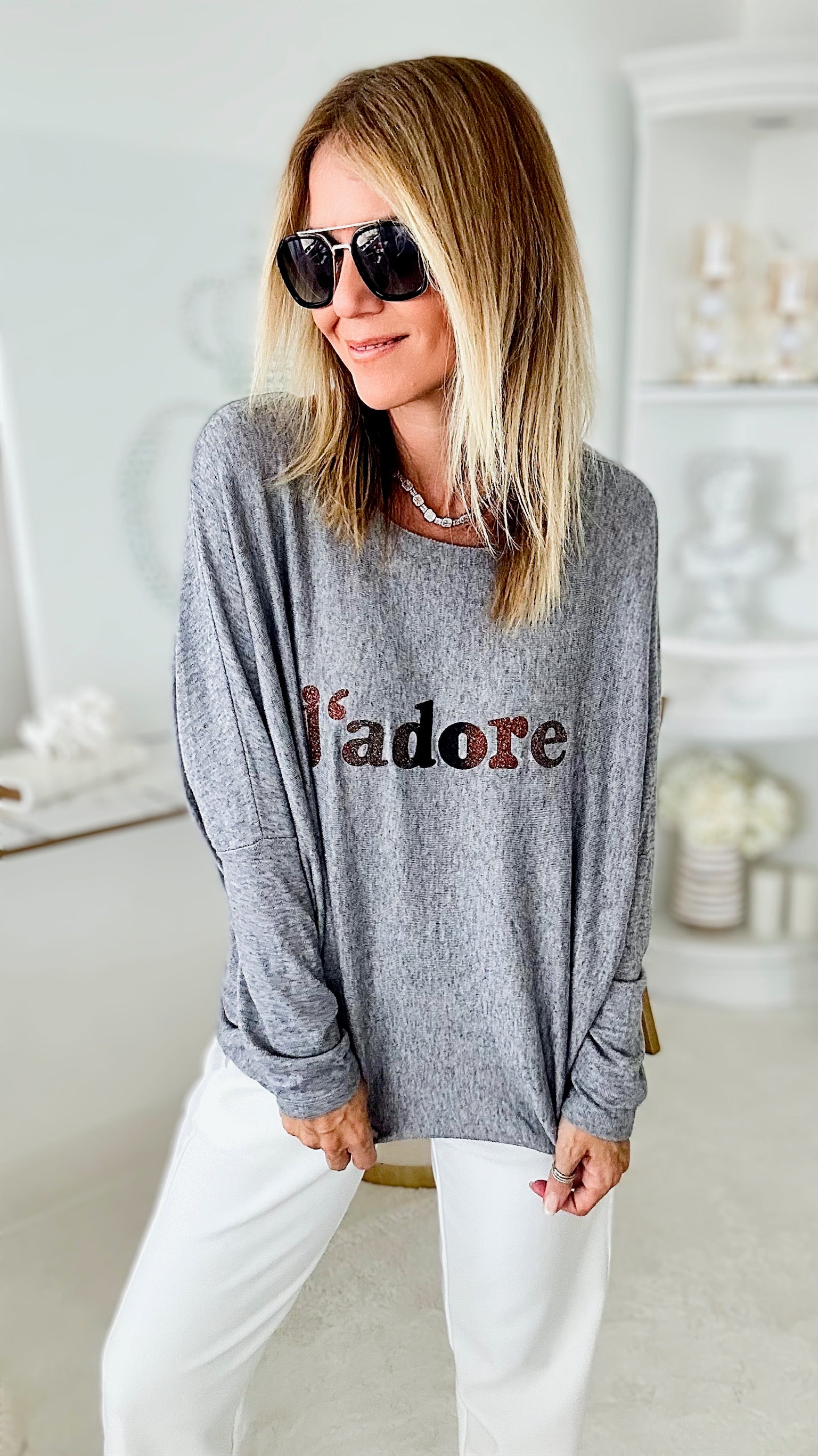 Italian J'adore Long Sleeve Pullover - Grey-130 Long Sleeve Tops-Yolly-Coastal Bloom Boutique, find the trendiest versions of the popular styles and looks Located in Indialantic, FL
