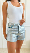 Metallic Foil Detailed Shorts - Silver-170 Bottoms-Galita-Coastal Bloom Boutique, find the trendiest versions of the popular styles and looks Located in Indialantic, FL