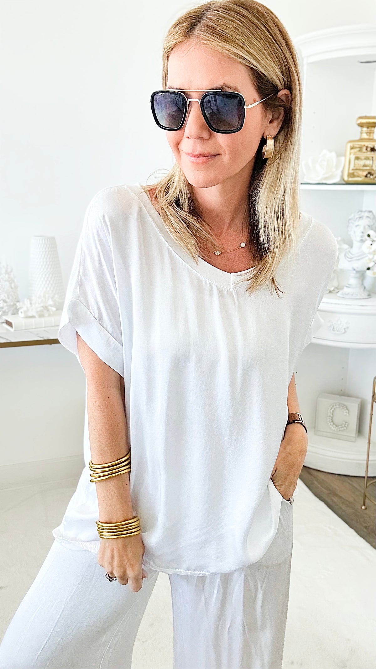 Perfection Italian V Neck Top - White-110 Short Sleeve Tops-Yolly-Coastal Bloom Boutique, find the trendiest versions of the popular styles and looks Located in Indialantic, FL