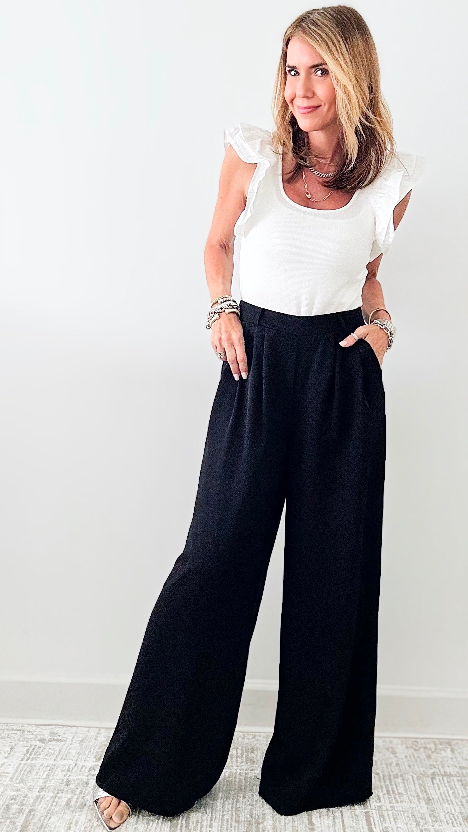 Pleated Solid Pants - Black-170 Bottoms-EESOME-Coastal Bloom Boutique, find the trendiest versions of the popular styles and looks Located in Indialantic, FL