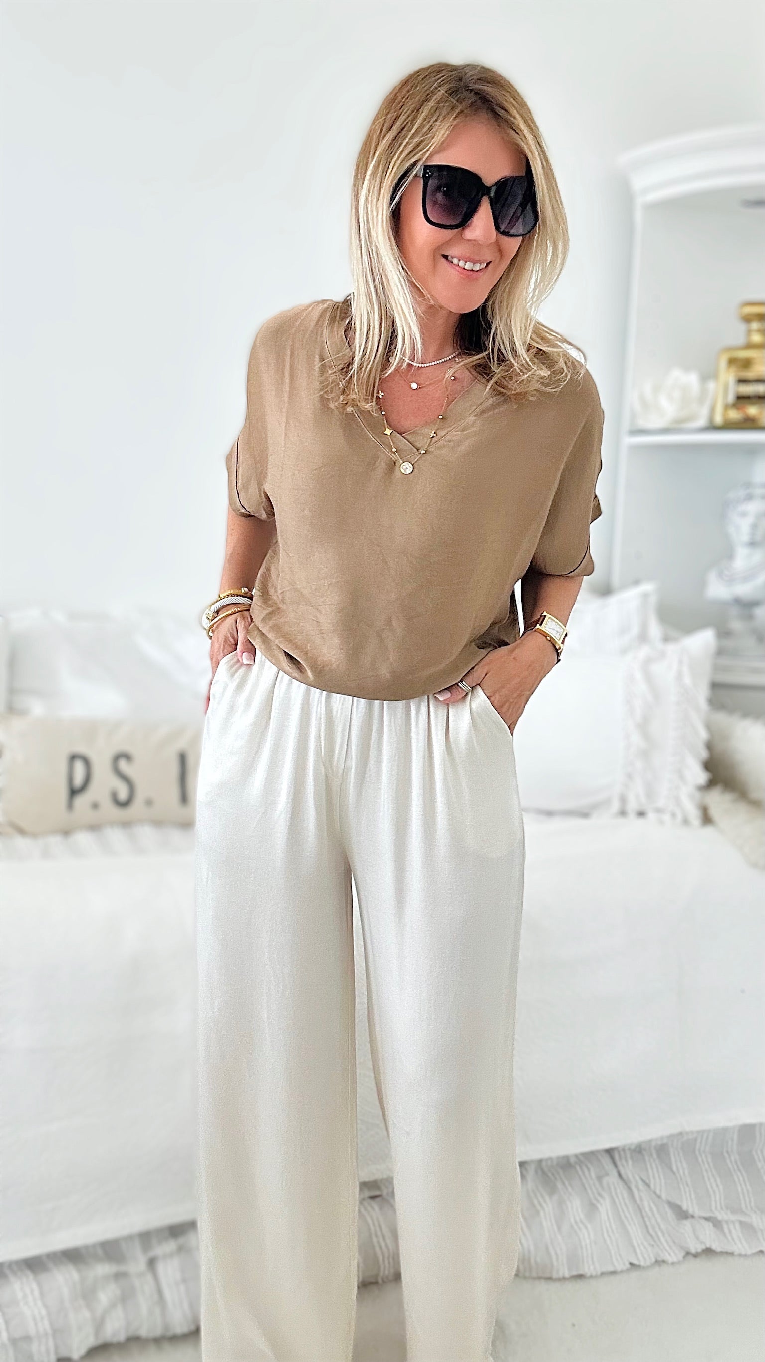 Angora Italian Satin Pant - Ecru-170 Bottoms-Germany-Coastal Bloom Boutique, find the trendiest versions of the popular styles and looks Located in Indialantic, FL