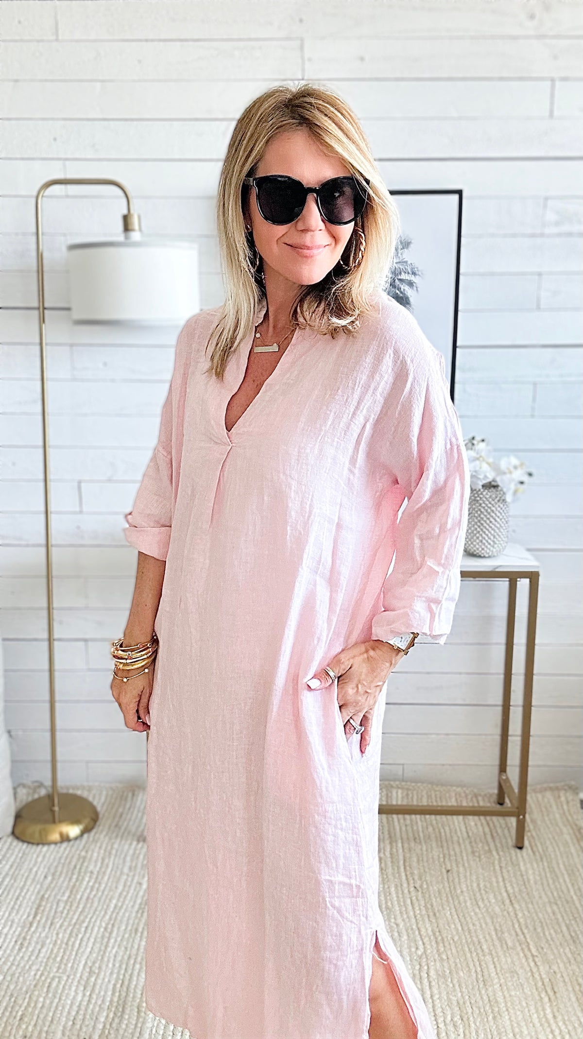 Pocketed Linen Tunic Italian Dress - Blush-200 Dresses/Jumpsuits/Rompers-Yolly-Coastal Bloom Boutique, find the trendiest versions of the popular styles and looks Located in Indialantic, FL