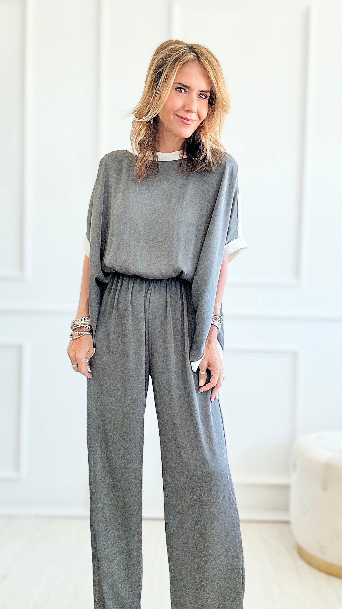 Silky Varsity Stripe Jumpsuit - Grey-200 Dresses/Jumpsuits/Rompers-TYCHE-Coastal Bloom Boutique, find the trendiest versions of the popular styles and looks Located in Indialantic, FL