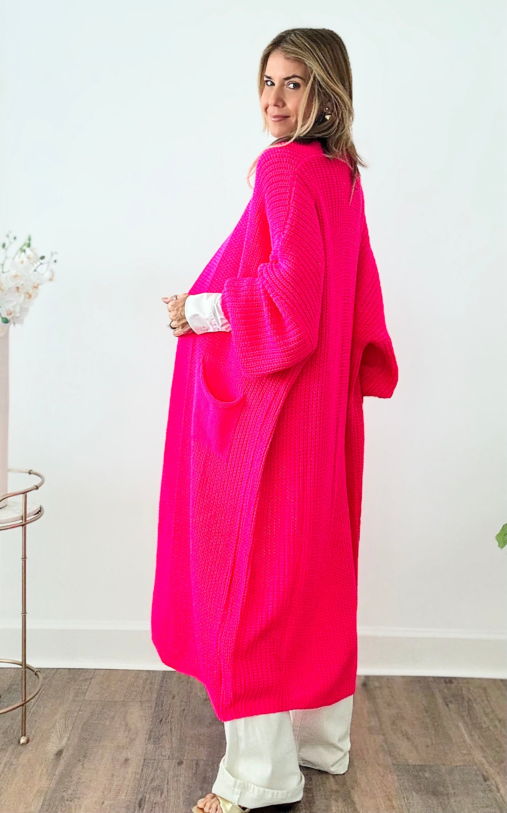 Sugar High Long Italian Cardigan - Hot Pink-150 Cardigans/Layers-Italianissimo-Coastal Bloom Boutique, find the trendiest versions of the popular styles and looks Located in Indialantic, FL