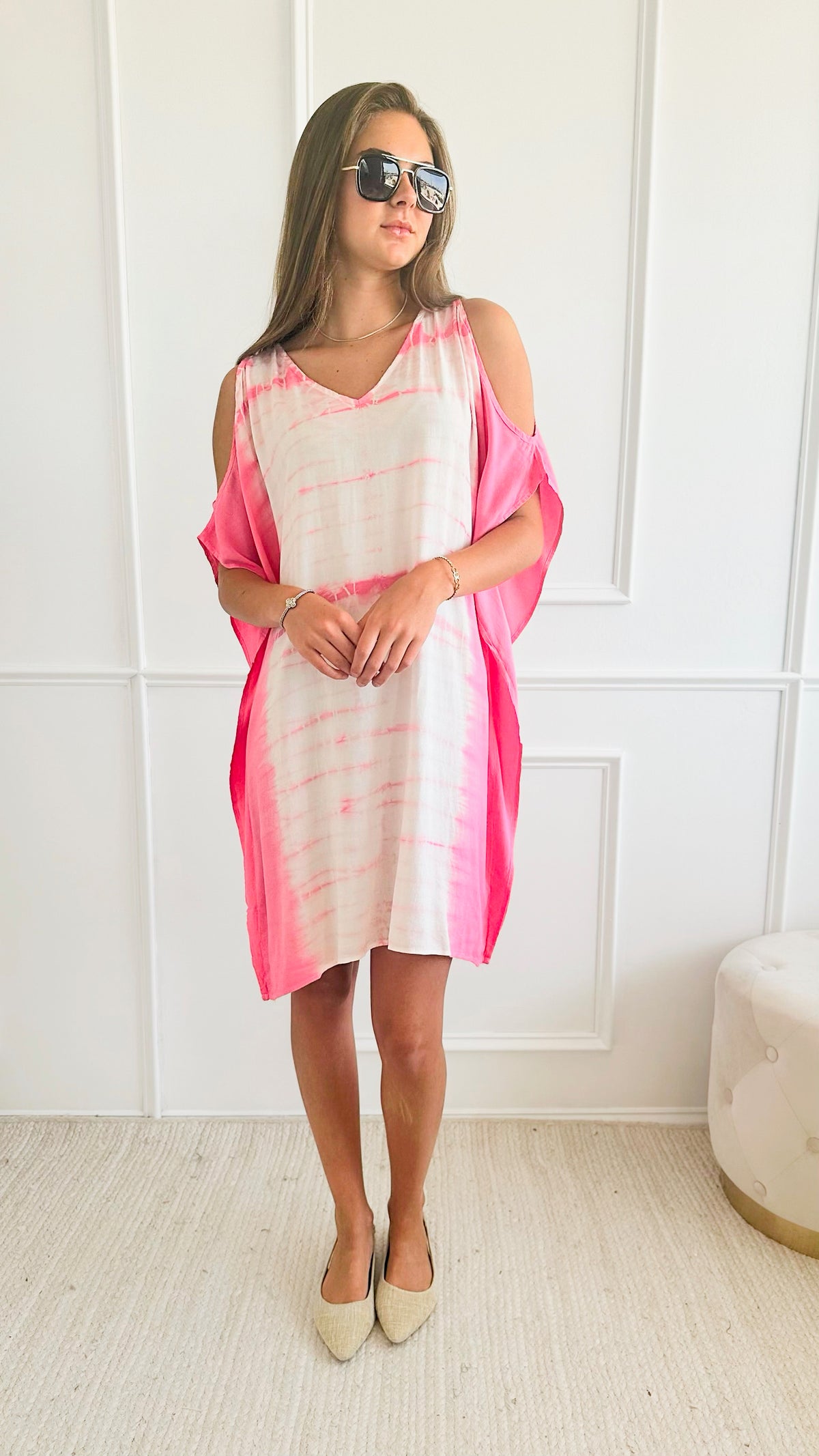 Tie Dye Woven Dress - Pink-110 Short Sleeve Tops-Chatoyant-Coastal Bloom Boutique, find the trendiest versions of the popular styles and looks Located in Indialantic, FL