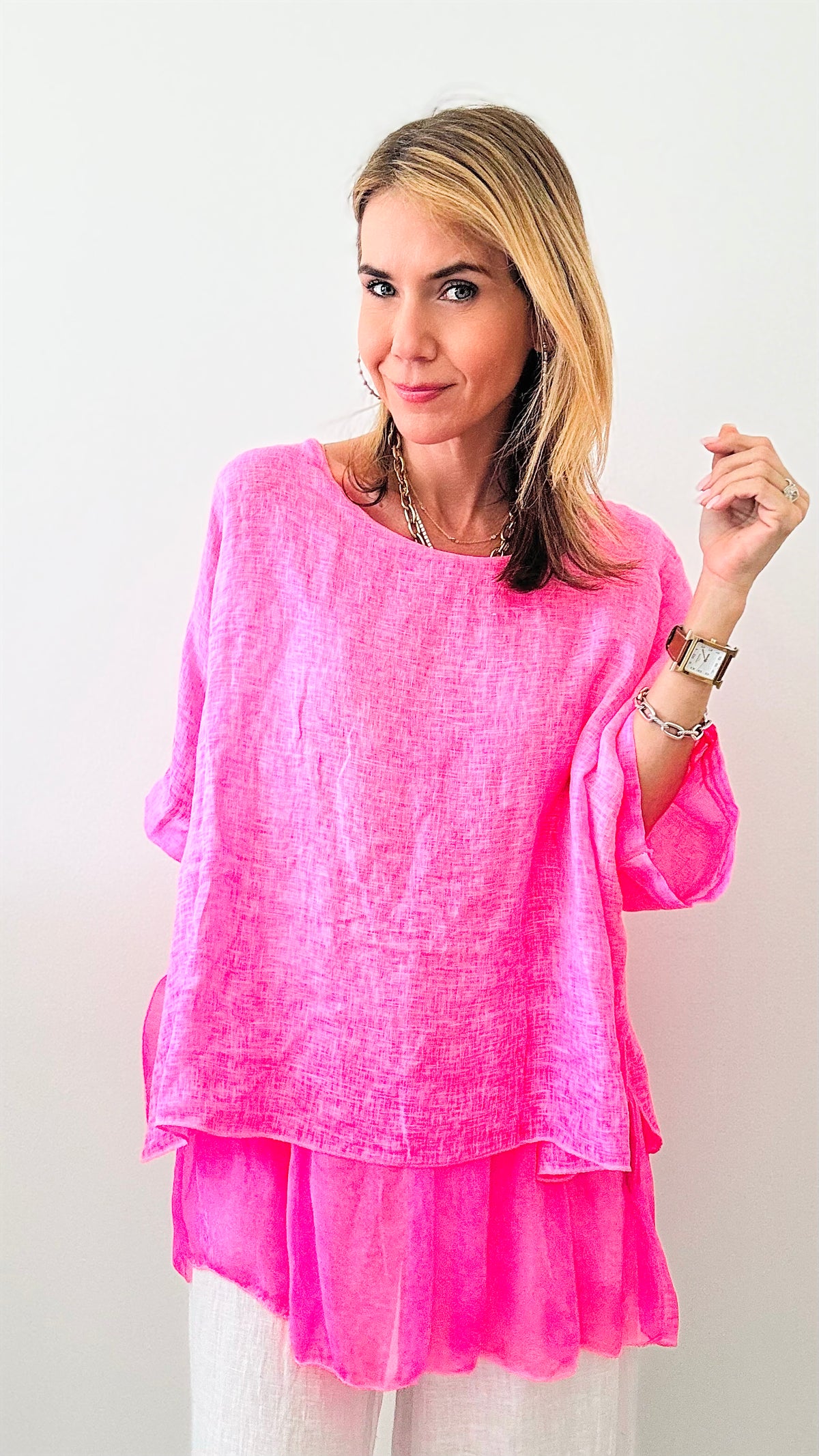 Linen Ruffle Italian Top - Neon Pink-110 Short Sleeve Tops-Italianissimo-Coastal Bloom Boutique, find the trendiest versions of the popular styles and looks Located in Indialantic, FL