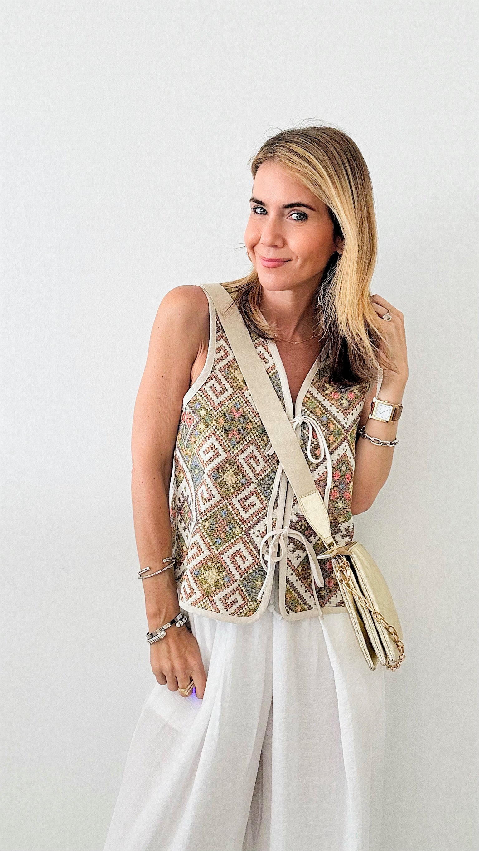 Folk Printed Tie Front Vest-100 Sleeveless Tops-Anniewear-Coastal Bloom Boutique, find the trendiest versions of the popular styles and looks Located in Indialantic, FL