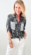 Italian Olive Glitter Writing Button Up Top-130 Long Sleeve Tops-moda italia-Coastal Bloom Boutique, find the trendiest versions of the popular styles and looks Located in Indialantic, FL