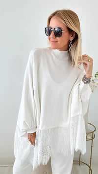 Knit Italian Lace Trim Poncho - White-140 Sweaters-Germany-Coastal Bloom Boutique, find the trendiest versions of the popular styles and looks Located in Indialantic, FL