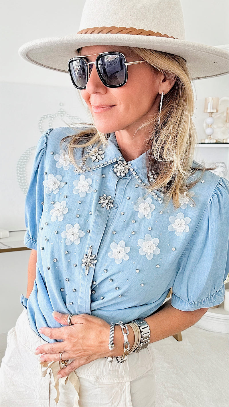 Not So Casual Flowers & Marquise Embellished Blouse-110 Short Sleeve Tops-LA' ROS-Coastal Bloom Boutique, find the trendiest versions of the popular styles and looks Located in Indialantic, FL