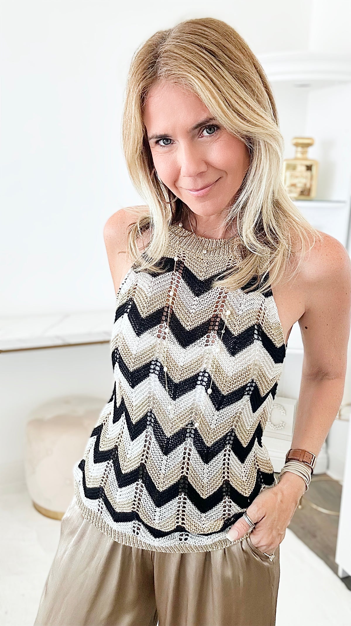 High Neck Italian Chevron Knit - Gold/Black-100 Sleeveless Tops-Germany-Coastal Bloom Boutique, find the trendiest versions of the popular styles and looks Located in Indialantic, FL