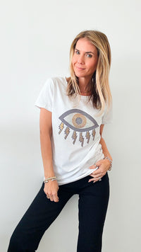Lightning Eye Sequin Embellished Graphic Tee - White-110 Short Sleeve Tops-in2you-Coastal Bloom Boutique, find the trendiest versions of the popular styles and looks Located in Indialantic, FL