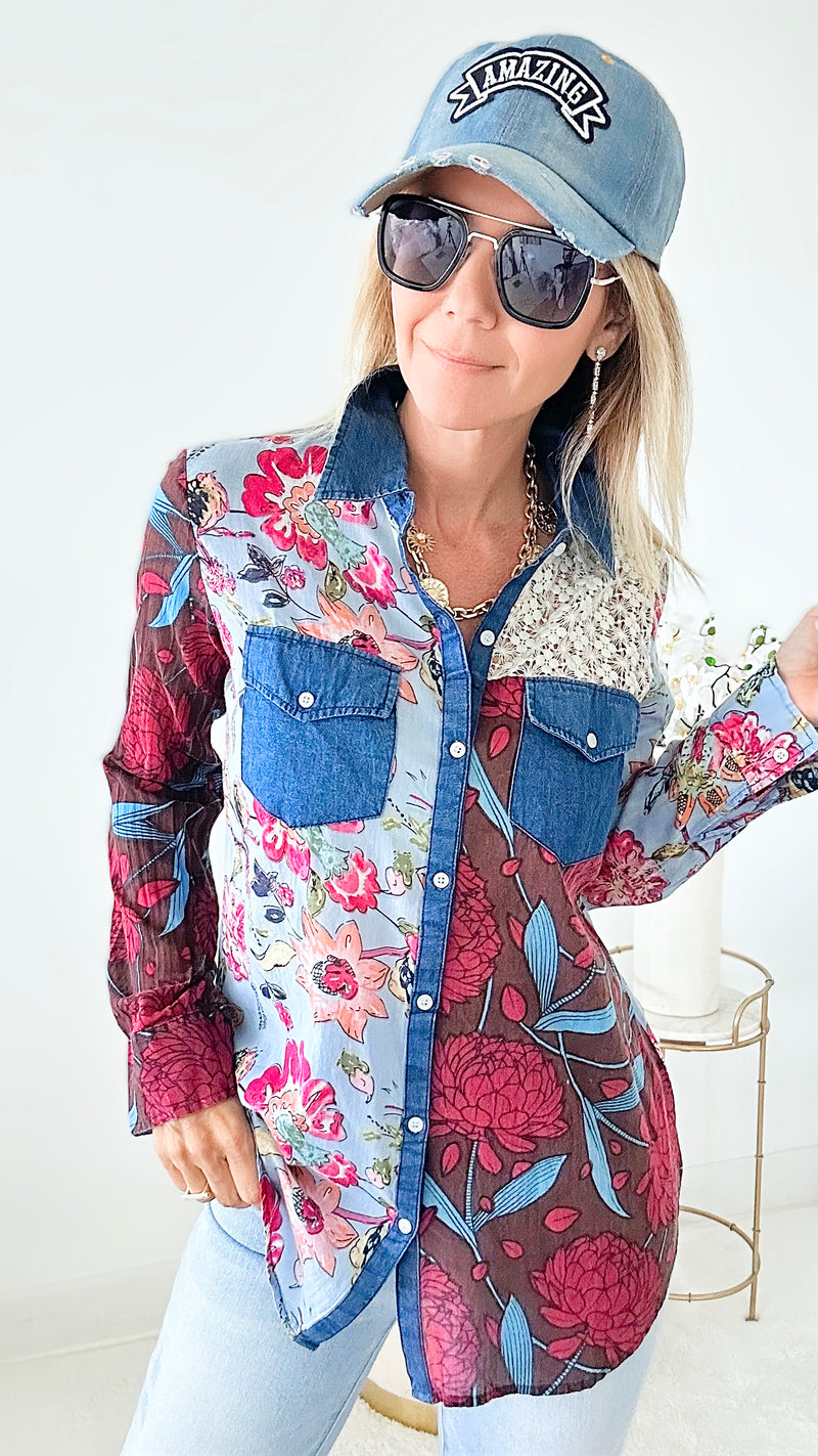 Floral & Denim Button Up Top - Ivory/Burgundy-130 Long Sleeve Tops-Magazine-Coastal Bloom Boutique, find the trendiest versions of the popular styles and looks Located in Indialantic, FL