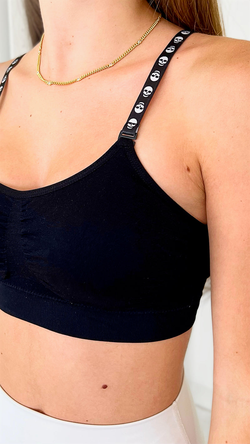 One Size Bra Black with White Skull Straps-220 Intimates-Strap-its-Coastal Bloom Boutique, find the trendiest versions of the popular styles and looks Located in Indialantic, FL