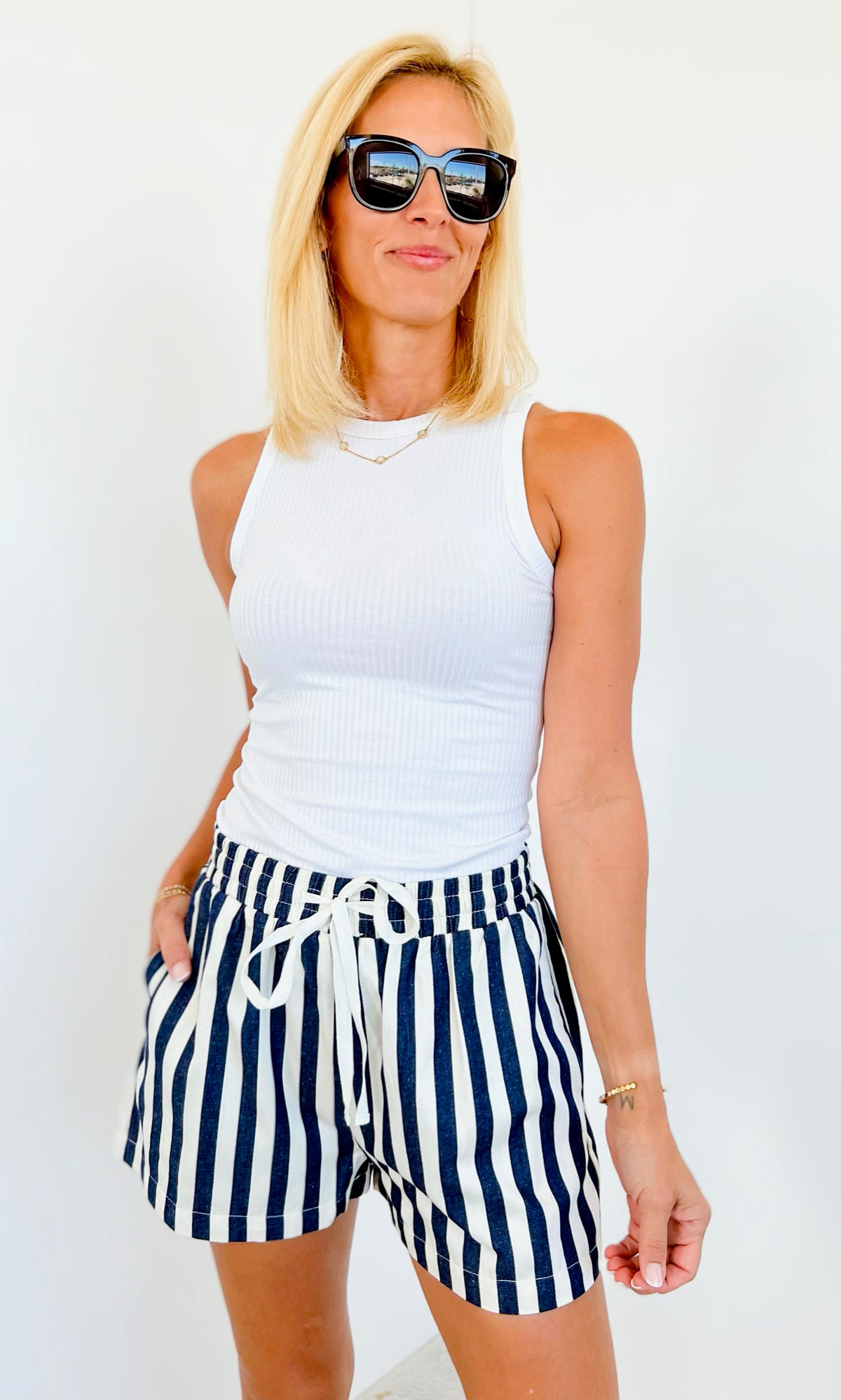 Striped Tie Front Denim Shorts-170 Bottoms-Anniewear-Coastal Bloom Boutique, find the trendiest versions of the popular styles and looks Located in Indialantic, FL