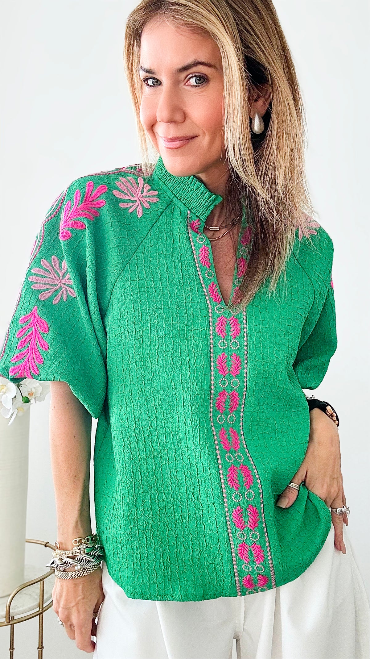 Embroidered Puff Sleeve Textured Top-110 Short Sleeve Tops-T H M L-Coastal Bloom Boutique, find the trendiest versions of the popular styles and looks Located in Indialantic, FL